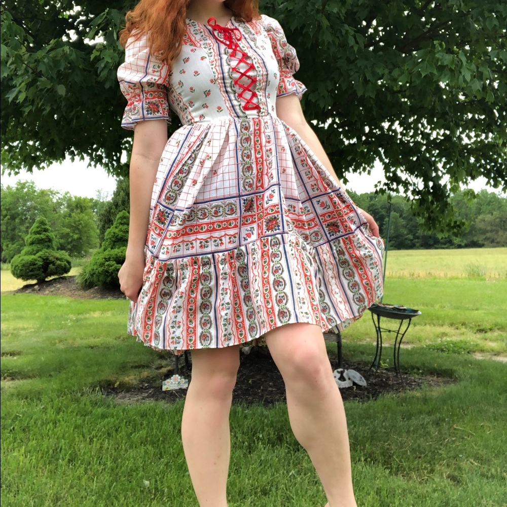 HANDMADE Vintage Red Corset Floral Pattern Dress!